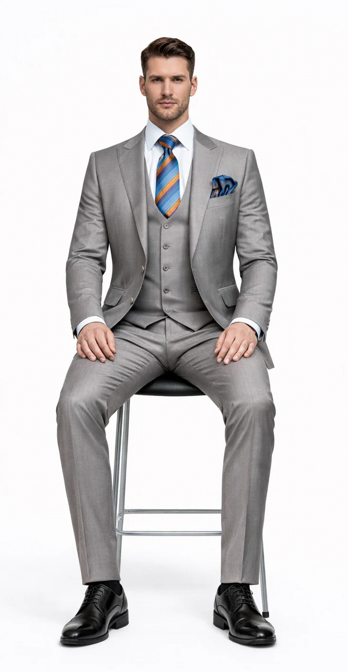 Men’s Gray Slim Fit 3-Piece Suit by Rossiman - With Vest & Tailored Trousers – Italian-Inspired Modern Elegance