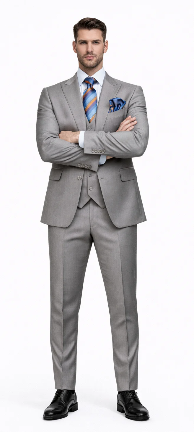 Men’s Gray Slim Fit 3-Piece Suit by Rossiman - With Vest & Tailored Trousers – Italian-Inspired Modern Elegance