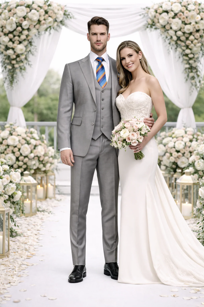 Men’s Gray Slim Fit 3-Piece Suit by Rossiman - With Vest & Tailored Trousers – Italian-Inspired Modern Elegance