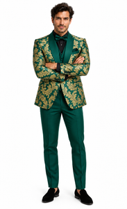 Mens Green and Gold Embroidered Tuxedo – 3-Piece Prom Suit