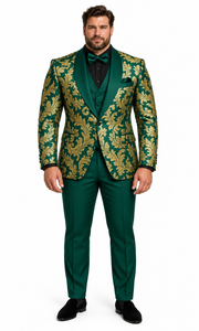Mens Green and Gold Embroidered Tuxedo – 3-Piece Prom Suit