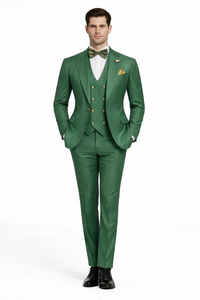 Men’s Green Slim Fit Suit by Rossiman | Stylish Double-Breasted Vest & Flat Front Pants – Italian Tailored 3-Piece Luxury Suit