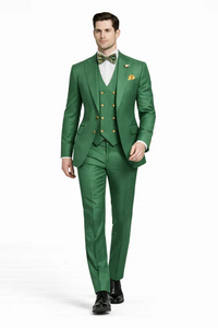 Men’s Green Slim Fit Suit by Rossiman | Stylish Double-Breasted Vest & Flat Front Pants – Italian Tailored 3-Piece Luxury Suit