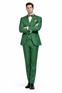 Men’s Green Slim Fit Suit by Rossiman | Stylish Double-Breasted Vest & Flat Front Pants – Italian Tailored 3-Piece Luxury Suit