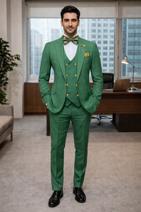 Men’s Green Slim Fit Suit by Rossiman | Stylish Double-Breasted Vest & Flat Front Pants – Italian Tailored 3-Piece Luxury Suit