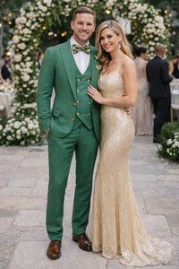 Men’s Green Slim Fit Suit by Rossiman | Stylish Double-Breasted Vest & Flat Front Pants – Italian Tailored 3-Piece Luxury Suit