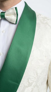 Mens Green & White Tuxedo Suit – White Floral Jacquard Wedding Suit with Green Shawl Lapel