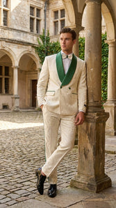 Mens Green & White Tuxedo Suit – White Floral Jacquard Wedding Suit with Green Shawl Lapel