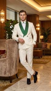 Mens Green & White Tuxedo Suit – White Floral Jacquard Wedding Suit with Green Shawl Lapel