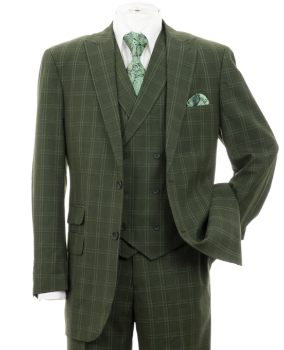 Mens Green Windowpane Blazer – Two-Button Plaid Sport Coat for Weddings, Business and Modern Fit