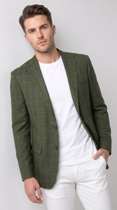 Mens Green Windowpane Blazer – Two-Button Plaid Sport Coat for Weddings, Business and Modern Fit