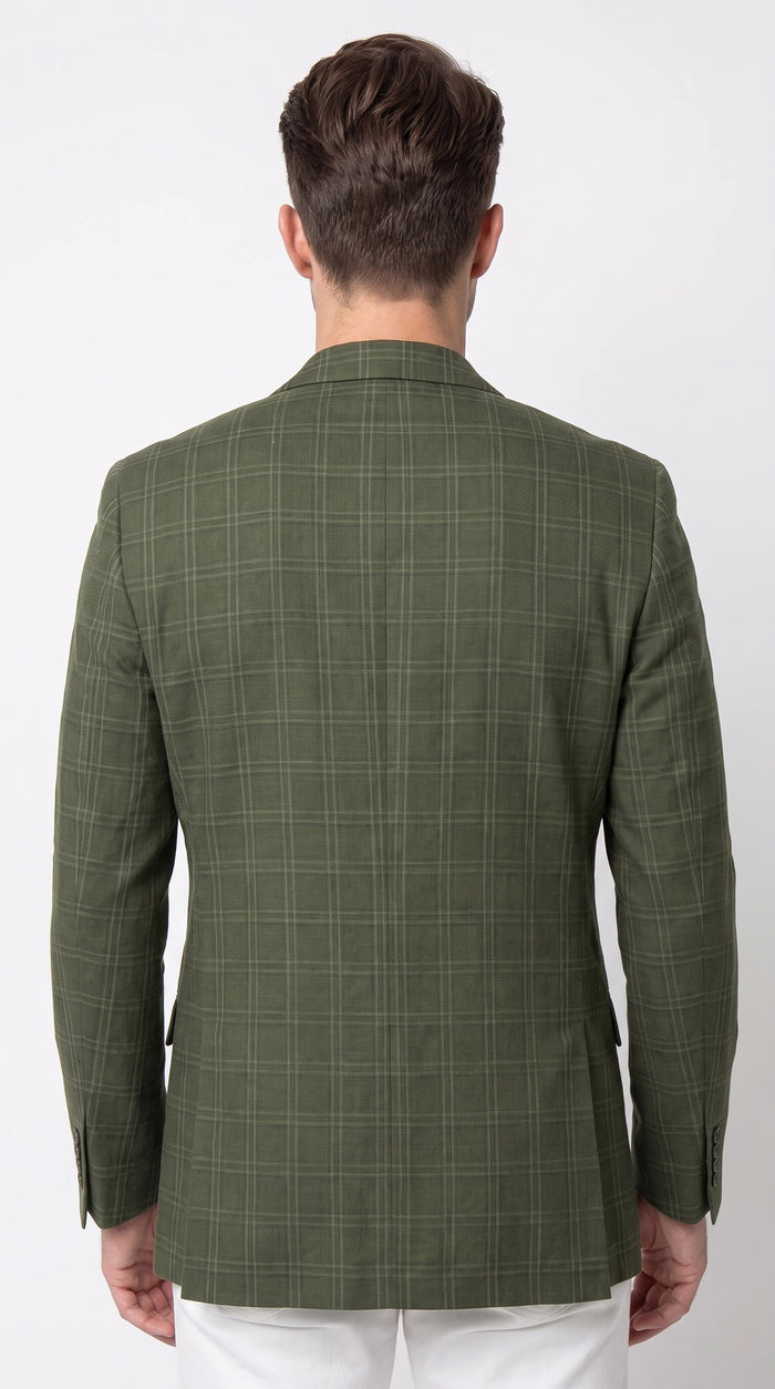 Mens Green Windowpane Blazer – Two-Button Plaid Sport Coat for Weddings, Business and Modern Fit