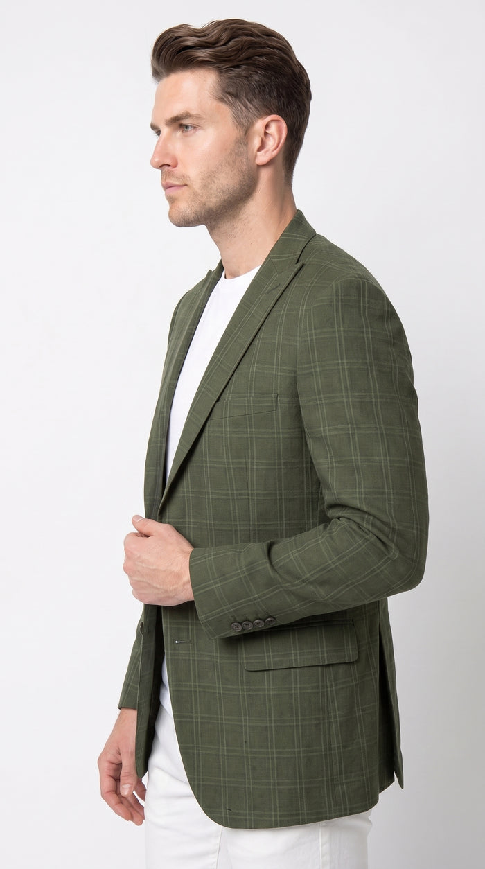 Mens Green Windowpane Blazer – Two-Button Plaid Sport Coat for Weddings, Business and Modern Fit