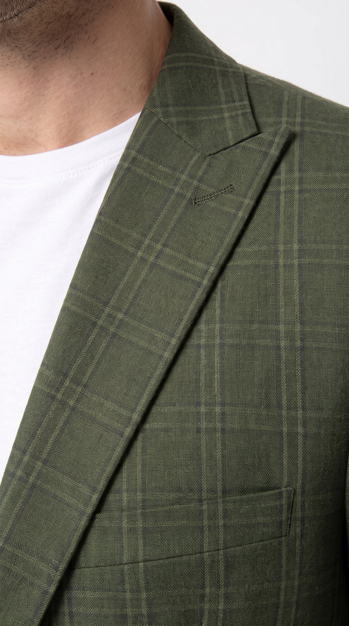 Mens Green Windowpane Blazer – Two-Button Plaid Sport Coat for Weddings, Business and Modern Fit
