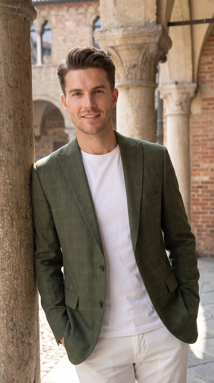 Mens Green Windowpane Blazer – Two-Button Plaid Sport Coat for Weddings, Business and Modern Fit