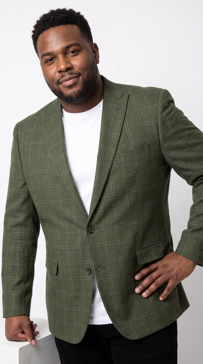 Mens Green Windowpane Blazer – Two-Button Plaid Sport Coat for Weddings, Business and Modern Fit