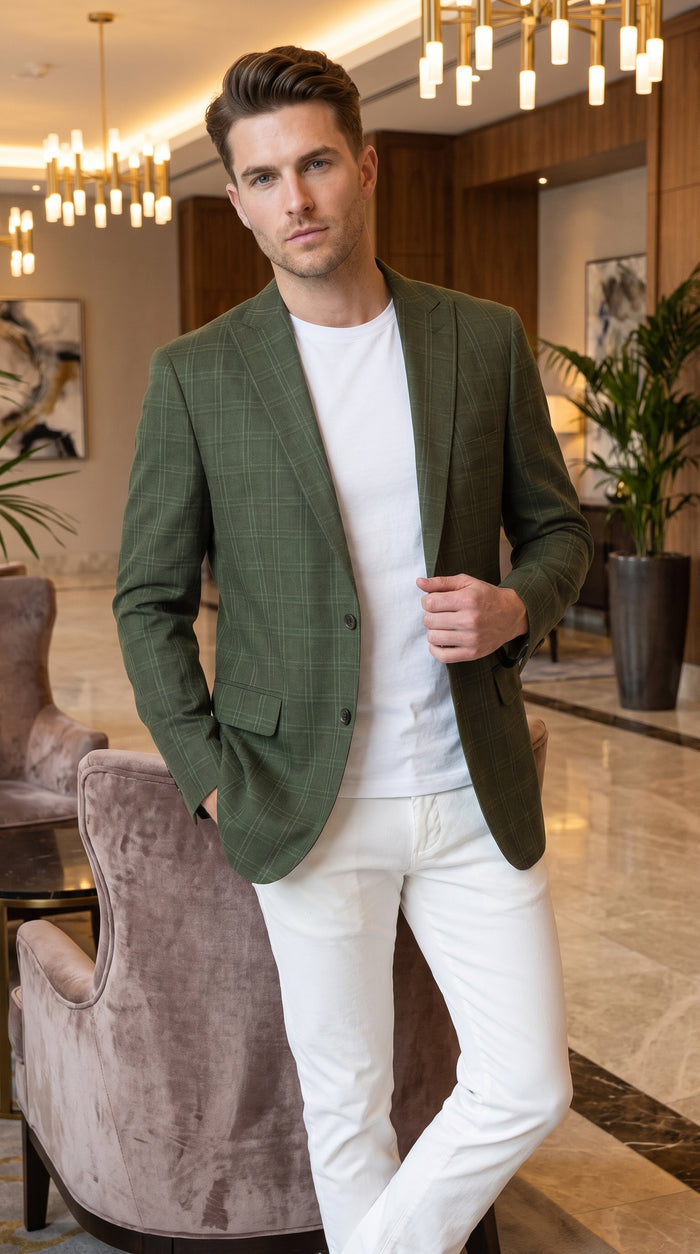 Mens Green Windowpane Blazer – Two-Button Plaid Sport Coat for Weddings, Business and Modern Fit