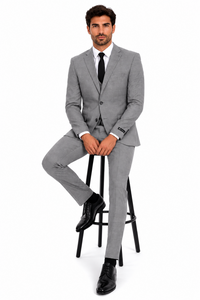 Men’s Grey Plaid 3-Piece Tailored Fit Suit with Vest