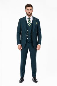 Men's Hunter Statement Ticket Pocket Peak Lapel Wool Double Breasted Vest Suit with Silver Buttons – Modern Fit