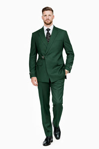 Mens Designer Tailored Fit Hunter Green Double Breasted Wool Suit with Metal Buckle Closure