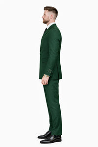 Mens Designer Tailored Fit Hunter Green Double Breasted Wool Suit with Metal Buckle Closure