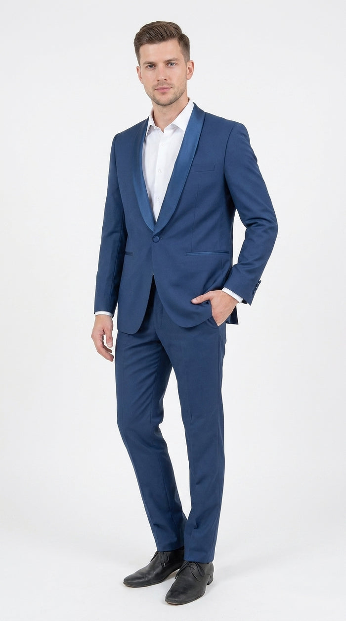 Mens Indigo Cobalt Blue Light Royal Blue Tuxedo Suit – Satin Shawl Lapel Wedding, Prom and Formal 2-Piece Suit