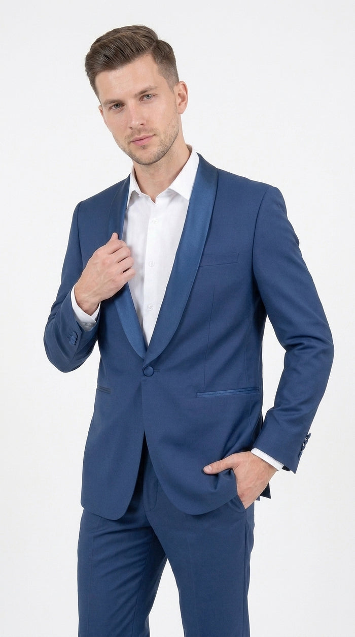 Mens Indigo Cobalt Blue Light Royal Blue Tuxedo Suit – Satin Shawl Lapel Wedding, Prom and Formal 2-Piece Suit