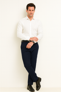 Mens Italian Wool Wide Leg Dress Pants in Navy Blue