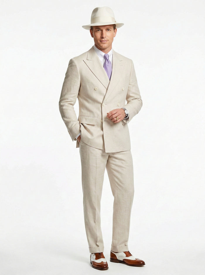 Mens Ivory Off White Double Breasted AI Capone Suit – Classic 1920s Vintage Gangster Style Formal Suit