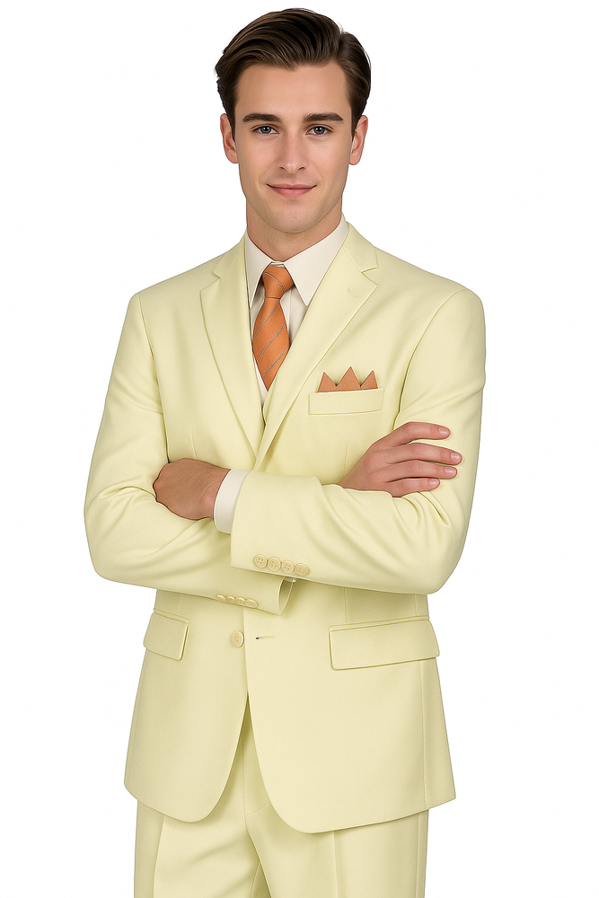 Mens Classic Fit Three Button Vested Pleated Pant Suit in Ivory