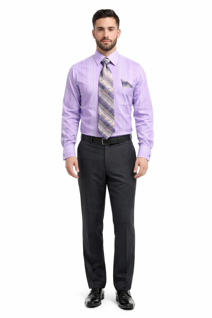 Daniel Ellissa Men's Lavender Tonal Stripe Dress Shirt, Tie & Hanky Set