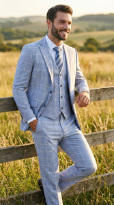 Mens Light Blue Plaid Three Piece Suit – Windowpane Check Wedding and Business Formal Suit Set