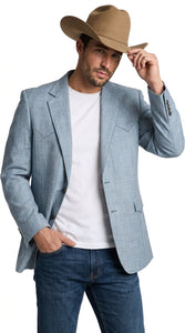 Mens Light Blue Western Blazer – Classic Cowboy Sport Coat with Western Yoke Design
