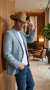 Mens Light Blue Western Blazer – Classic Cowboy Sport Coat with Western Yoke Design