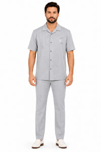 Men’s Light Gray Embroidered Walking Suit Set – 2 Piece Short Sleeve Casual Outfit