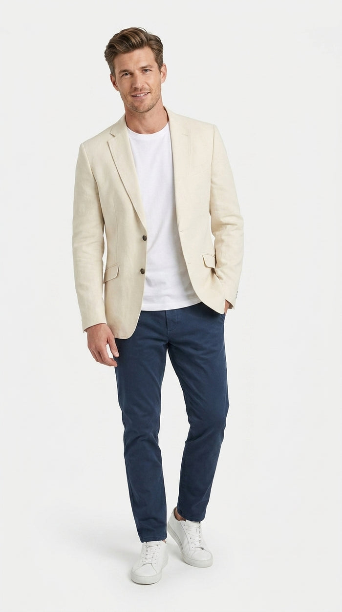 Mens Light Tan Sport Coat – Two-Button Classic Blazer for Business, Wedding & Casual Wear Cream Ivory Linen Fabric