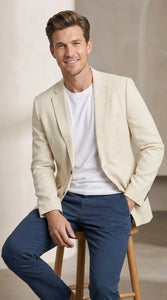 Mens Light Tan Sport Coat – Two-Button Classic Blazer for Business, Wedding & Casual Wear Cream Ivory Linen Fabric