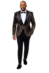 Black  Prom Tuxedo Suit - Black Wedding Suit - Mens Square Shawl Lapel Black & Gold Sequin Prom Tuxedo Jacket