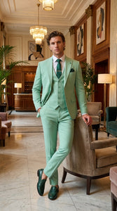 Mens Mint Green 3-Piece Suit – Slim Fit Wedding, Prom & Formal Suit with Matching Vest By Derman