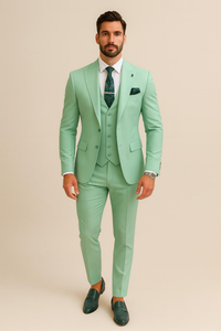 Mens Mint Green 3-Piece Suit – Slim Fit Wedding, Prom & Formal Suit with Matching Vest By Derman