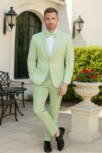 Men’s Mint Green Tuxedo Suit – Slim Fit Shawl Lapel with Matching Bow Tie in Sage Green Color - Light Green