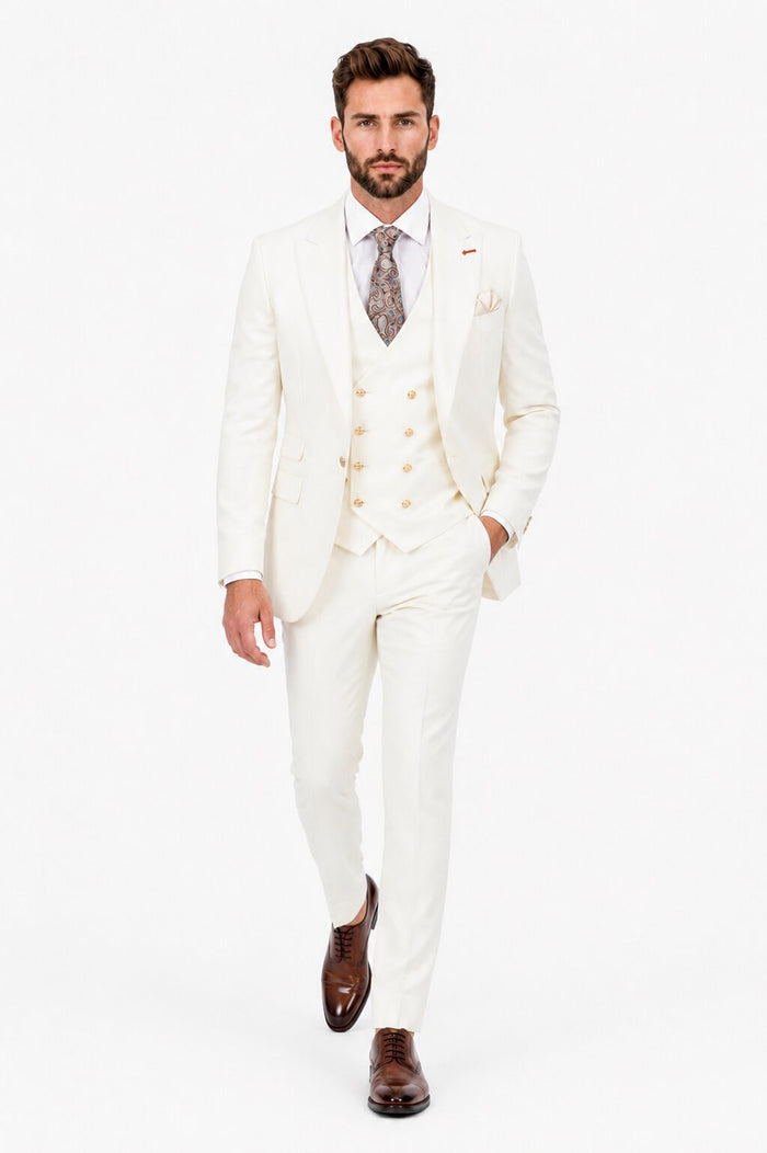 Men's Off White Statement Ticket Pocket Peak Lapel Wool Double Breasted Vest Suit with Gold Buttons – Modern Fit
