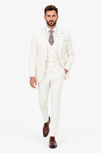 Men's Off White Statement Ticket Pocket Peak Lapel Wool Double Breasted Vest Suit with Gold Buttons – Modern Fit
