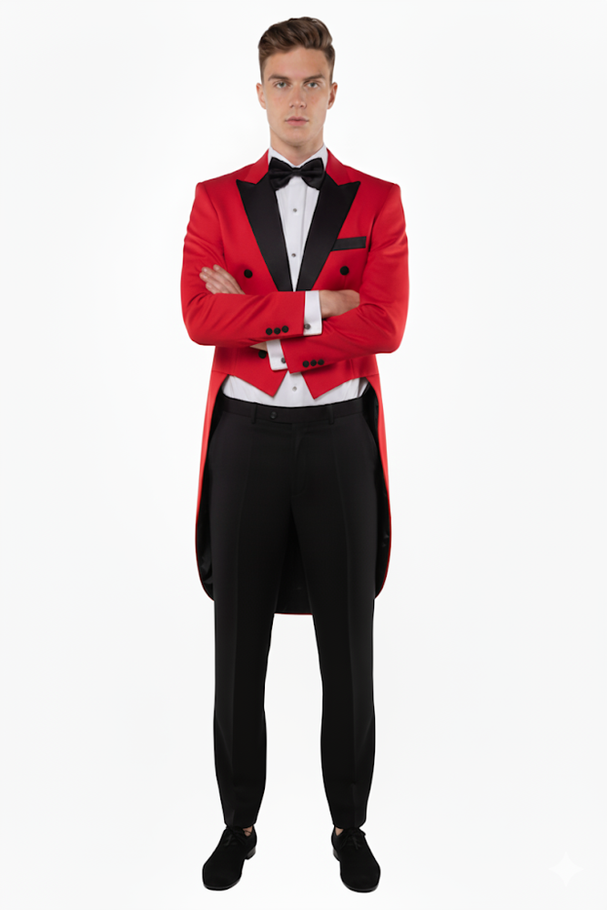 Mens Modern Tail Prom Tuxedo in Red & Black