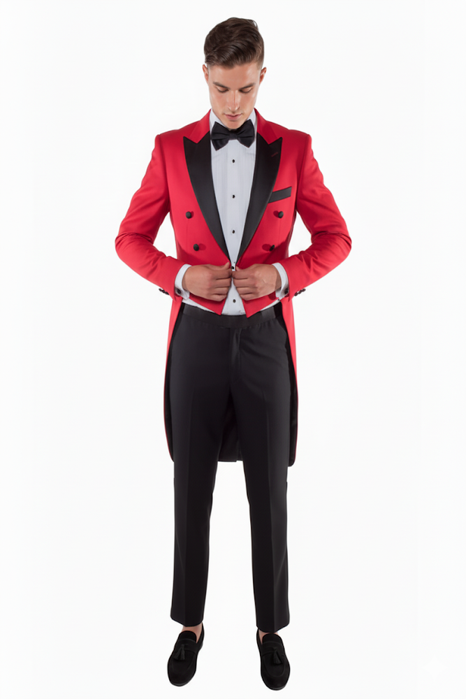 Mens Modern Tail Prom Tuxedo in Red & Black