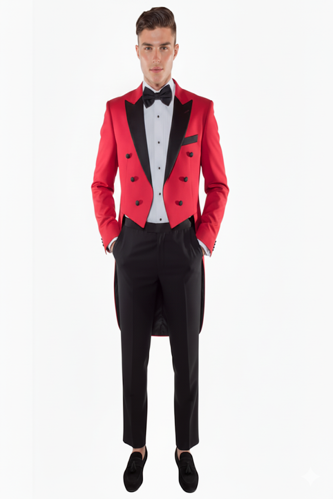 Mens Modern Tail Prom Tuxedo in Red & Black