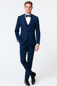Men’s Navy Blue with Blue Trim Three-Piece Tuxedo with Satin Shawl Lapel and Bow Tie Wedding Suit