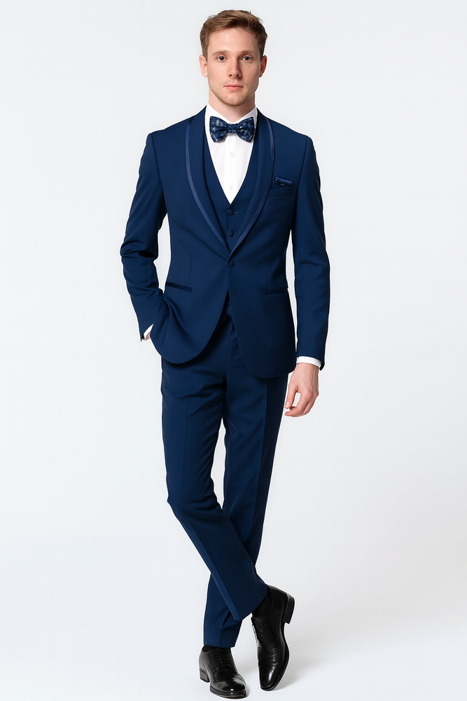 Men’s Navy Blue with Blue Trim Three-Piece Tuxedo with Satin Shawl Lapel and Bow Tie Wedding Suit