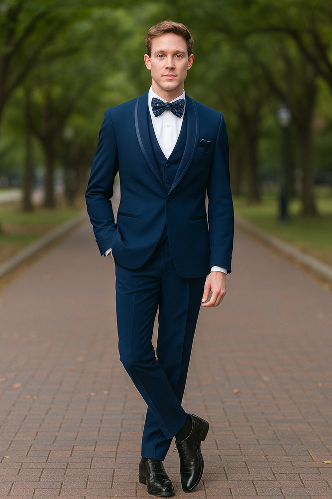 Men’s Navy Blue with Blue Trim Three-Piece Tuxedo with Satin Shawl Lapel and Bow Tie Wedding Suit