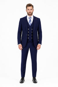 Men's Navy Statement Ticket Pocket Peak Lapel Wool Double Breasted Vest Suit with Silver Buttons – Modern Fit